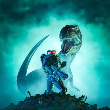 Uzaylı dinozor avcısı asker / 3D illüstrasyon bilim kurgu askeri robot savaşçı kaygı verici gökyüzü arka planına sahip dev tyrannosaurus rex ile karşı karşıya
