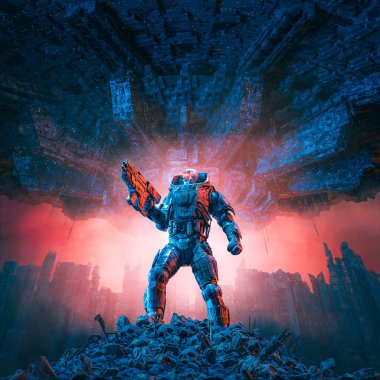 Cyberpunk soldier city warfare / 3D illustration of science fiction military robot warrior standing amid rubble in war torn futuristic city with with giant space ship in the sky above