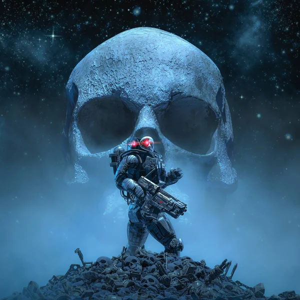 Cyberpunk soldier skull moon / 3D illustration of science fiction military robot warrior standing amid rubble in outer space with giant scary human skull shaped moon