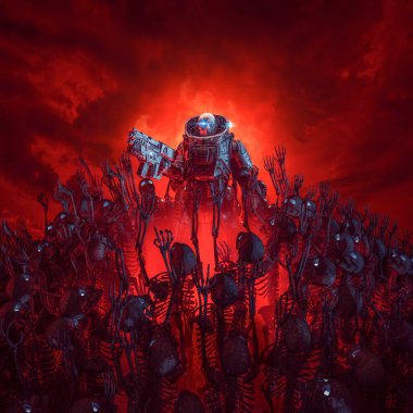 Bilim kurgu askeri robot savaşçı zombi robot iskeletleri ve uğursuz kızıl gökyüzü ile çevrili cehennem / 3D illüstrasyon asker görevi