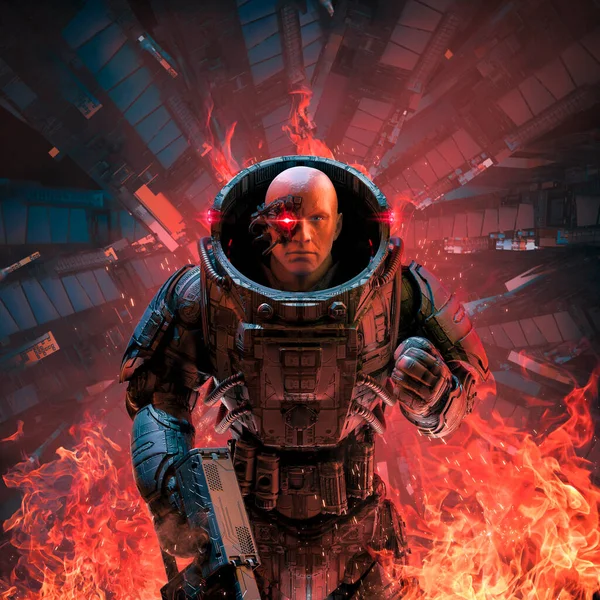 Cyberpunk Katona Inferno Illusztráció Sci Katonai Robot Harcos Áll Lángok — Stock Fotó