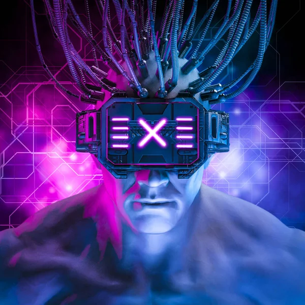 Hardwired cyberpunk man / 3D illustration of science fiction cyberpunk muscular male character wearing futuristic virtual reality glasses