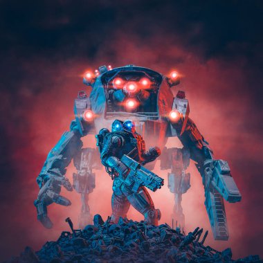 Uzay askeri robotu / 3D illüstrasyon bilim kurgu askeri savaşçı ve dev robotik mecha savaş alanında duran uğursuz kırmızı arka plan