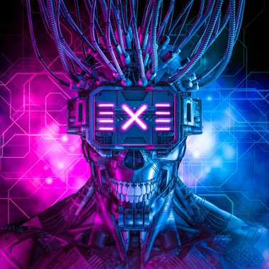 Bilimkurgu siber punk kafatasının kablolanmış siber-punk robot / 3D çizimi fütüristik sanal gerçeklik gözlüğü takan sırıtan androidle karşı karşıyaydı.