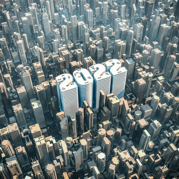 2022 ofis kulesi konsepti / 2022 yılının 3D illüstrasyonu şehir merkezindeki bina