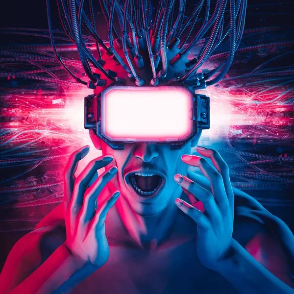 Gafas Realidad Virtual Cableadas Hombre Ilustración Ciencia Ficción Cyberpunk Sorprendió — Foto de Stock