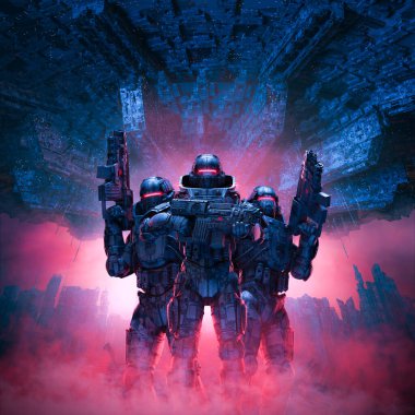 Cyberpunk soldiers city patrol - 3D illustration of science fiction military robot warriorw standing amid rubble in war torn futuristic city with with giant space ship in the sky above
