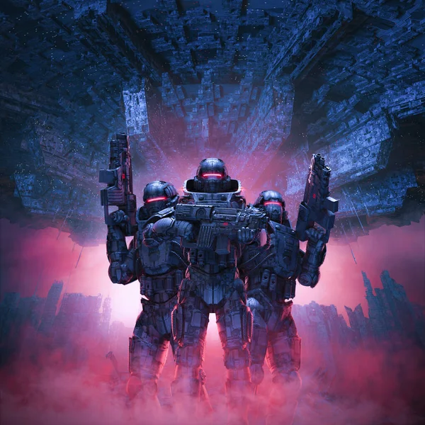 Cyberpunk Soldaten Stadtpatrouille Illustration Von Science Fiction Militärroboter Warriorw Inmitten — Stockfoto