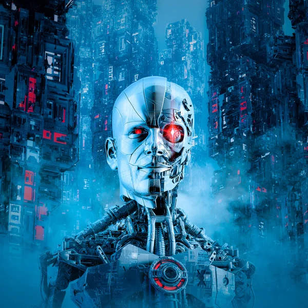 Hombre Cyborg Máscara Facial Humana Ilustración Ciencia Ficción Robot Humanoide — Foto de Stock
