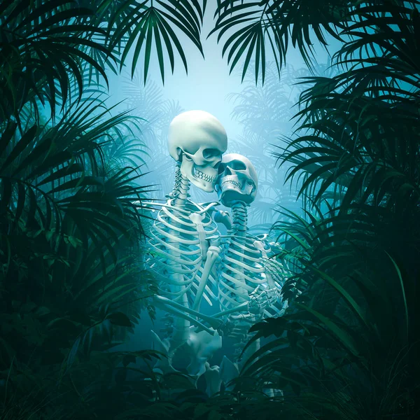哥特式伊甸园 被茂密的热带丛林环绕的男女骨骼情人拥抱的3D图解 — 图库照片
