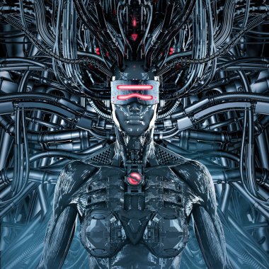Makinenin Sahibesi - Metalik bilim kurgu kadın insansı robotun fütüristik bilgisayar çekirdeğinin içinde üç boyutlu bir çizimi