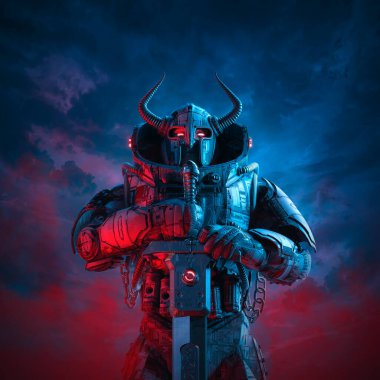 Gelecekçi Viking savaşçısı - 3 boyutlu bilim kurgu barbar robot şövalye boynuzlu miğferi ve karanlık gökyüzüne karşı savaş kılıcı