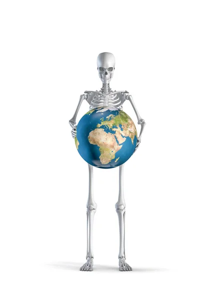 Szkielet Ziemią Ilustracja Męskiego Szkieletu Człowieka Trzymającego Planetę Ziemia Globus — Zdjęcie stockowe