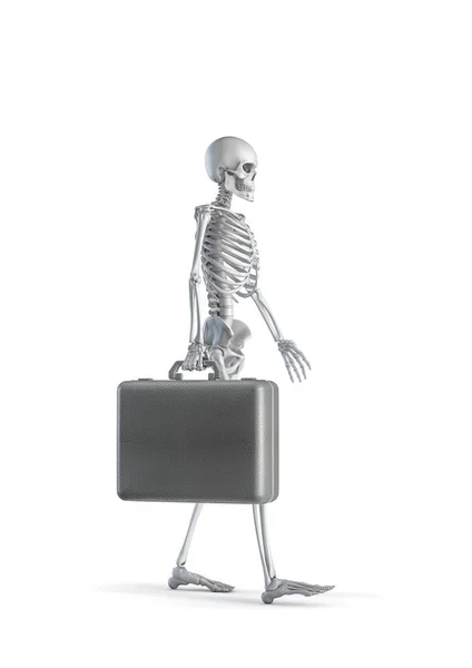 スケルトンウォーキングスーツケース 白いスタジオの背景に隔離された大きなブリーフケースを運ぶ男性の人間の骨格図の3Dイラスト — ストック写真