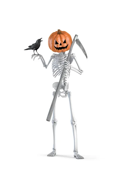 Halloween Sensenmann Kürbisskelett Illustration Des Männlichen Menschlichen Skeletts Todesfigur Hält — Stockfoto