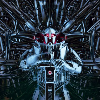 Gelecekçi Viking Kralı - Tahtında boynuzlu miğferi ve savaş kılıcı olan 3 boyutlu bilim kurgu barbar robot şövalyesi çizimi