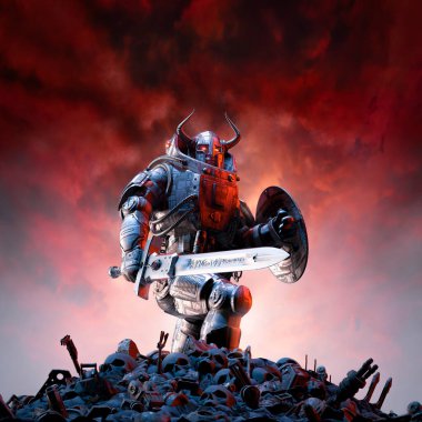 Gelecekçi Viking savaşı- 3 boyutlu bilim kurgu barbar robot şövalye boynuzlu miğferi, savaş kılıcı ve kalkanı insan kafatası ve enkazları üzerinde duran