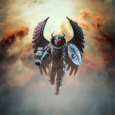Gelecekçi Viking kanatları - 3 boyutlu bilim kurgu kanatlı robot şövalye boynuzlu miğferi göksel bulutların arasından yükseliyor
