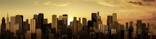 3D render of modern city at sunrise or sunset