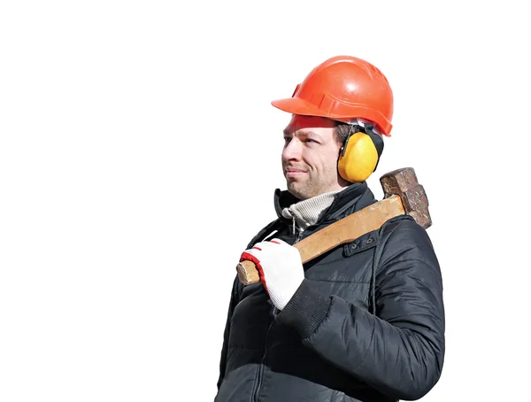 Trabajador con gran martillo de trineo en el hombro aislado — Foto de Stock