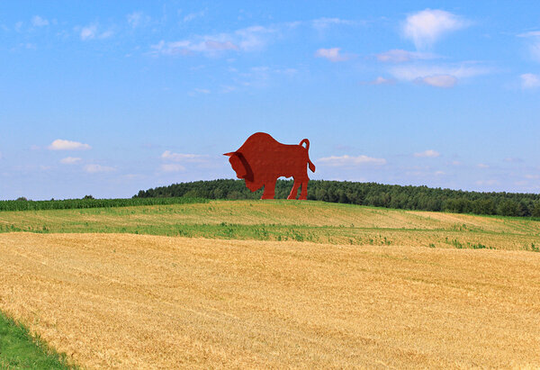 Sculpture of the bison in a field