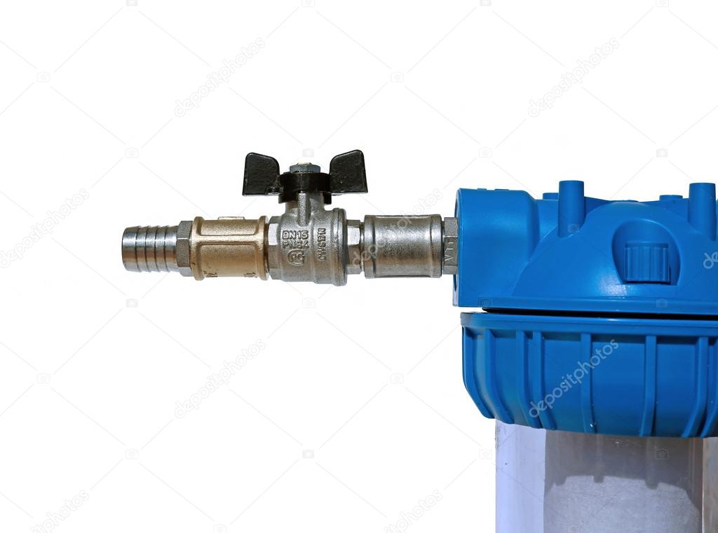 Nickeled fittings and nipple on the water filter isolated
