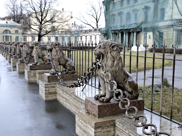 Verschillende standbeelden van bronzen leeuwen langs het hek in Sint-Petersburg — Stockfoto