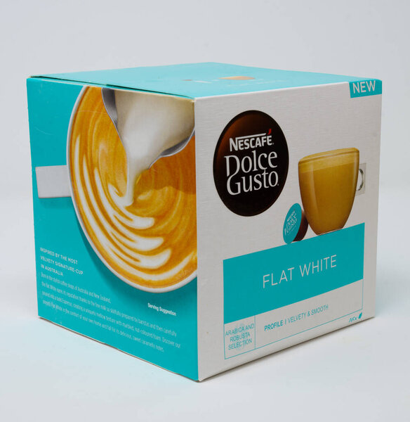 Reading, United Kingdom - July 13 2020:  A box of Nescafe Dolce Gusto Flat White Flavoured Coffee machine pods