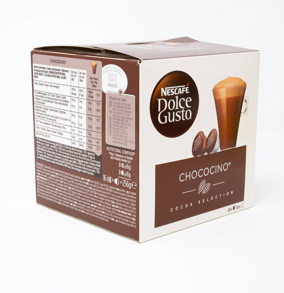 Reading, United Kingdom - July 13 2020:  A box of Nescafe Dolce Gusto Chococino Flavoured Coffee machine pods