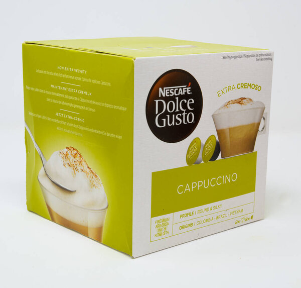 Reading, United Kingdom - July 13 2020:  A box of Nescafe Dolce Gusto Cappuccino Flavoured Coffee machine pods