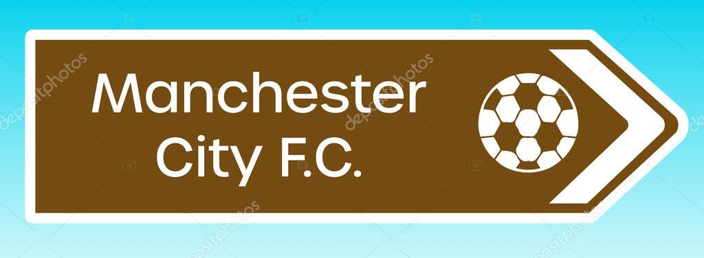 Manchester, United Kingdom - May 08 2020:  A graphic illlustration of a British tourist road sign pointing to the home ground of Manchester City