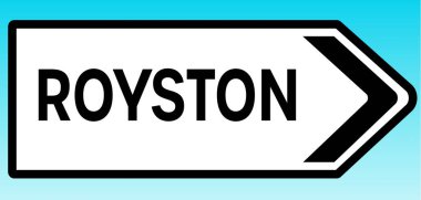 Royston 'u gösteren bir İngiliz yol tabelasının grafiksel çizimi.
