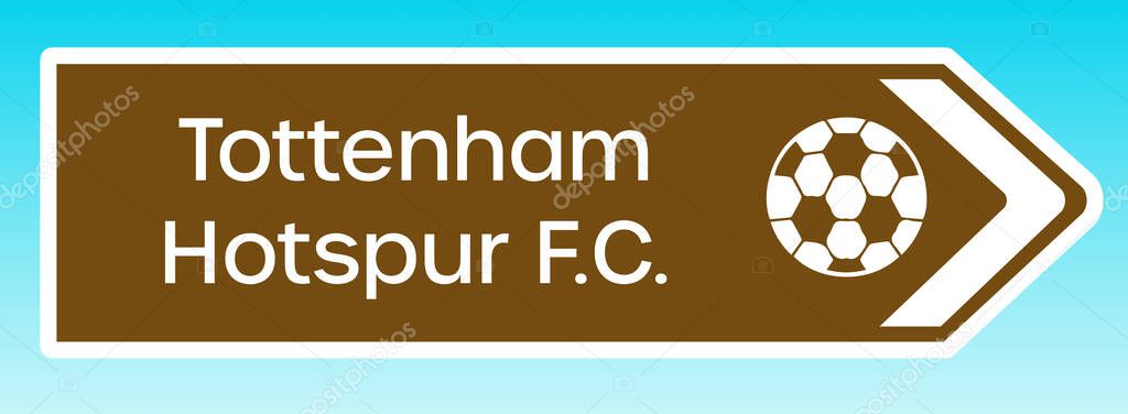 London, United Kingdom - May 08 2020:  A graphic illlustration of a British tourist road sign pointing to the home ground of Tottenham Hotspur FC