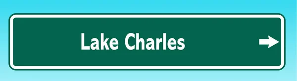 A graphic illlustration of an American road sign pointing to Lake Charles