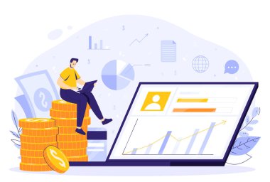 İnternet konseptinde internet işi. Modern iş. Adam bir yığın anın üzerinde oturuyor ve uzaktan bilgisayar kullanarak kazanıyor. Kart ve banknotlar, finansal simgeler. Başarılı bir tam zamanlı serbest çalışan..