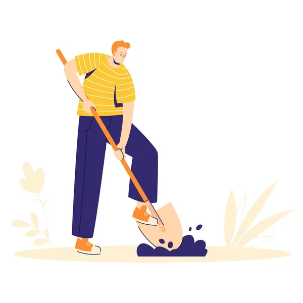 Concept de travail de jardin. Le personnage de l'homme creuse le sol avec une pelle. hobby jardinier. — Image vectorielle