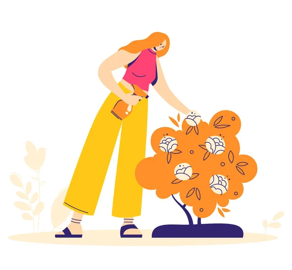 Tuinieren concept. Vrouw karakter besprenkelt bloemen met meststoffen. Hobby tuinman — Stockvector
