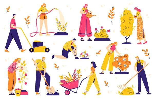 Jardinería conjunto de personas, diversas personas hombres y mujeres, haciendo el trabajo de jardín hobby: riego, plantación, corte, azada, organización. Concepto de jardinería de primavera. — Vector de stock