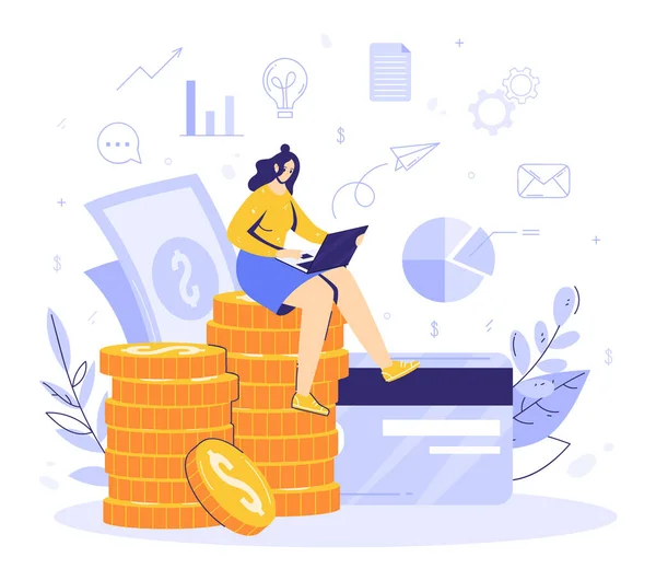 Online work in internet concept. Modern business. Woman sits on a stack of moments and earns remotely using a computer. Card and banknotes, financial icons. Successful full-time freelancer. — Stock Vector