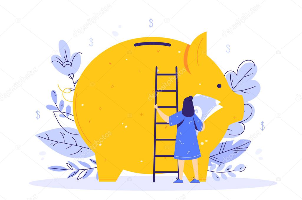 Saving money concept. A girl stands with a ladder and banknotes next to a piggy bank.
