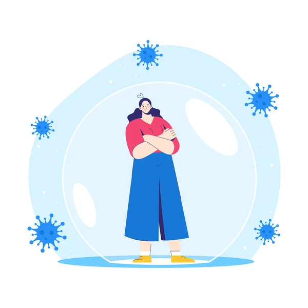 Woman stands inside a protective bubble. Adult character is vaccinated and protected from coronavirus COVID-2019. — Stock Vector