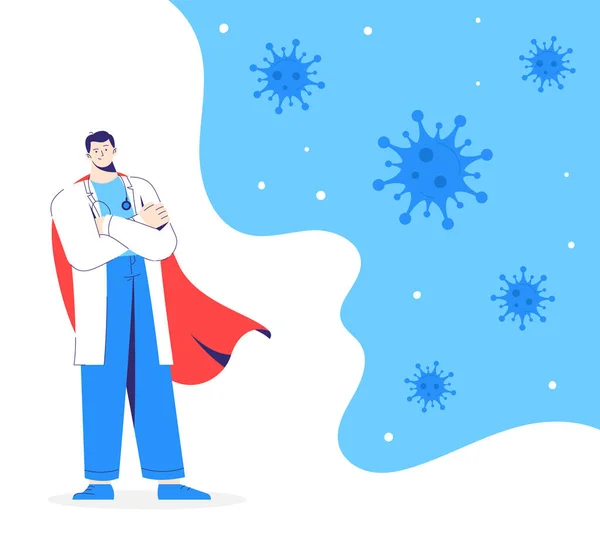 Doktor bohater w białym płaszczu i czerwonym płaszczu stoi na ochronę przed wirusami. — Wektor stockowy