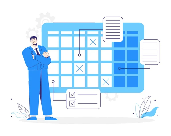 L'homme se tient près d'un calendrier. Calendrier de planification des activités. caractère planifie son travail. — Image vectorielle
