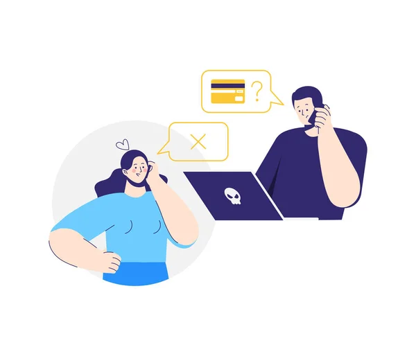 Online crime. A man pretending to be a bank clerk. A fraudster calls to woman on the phone and asks for banking information. Woman stops a swindler. — Stock Vector