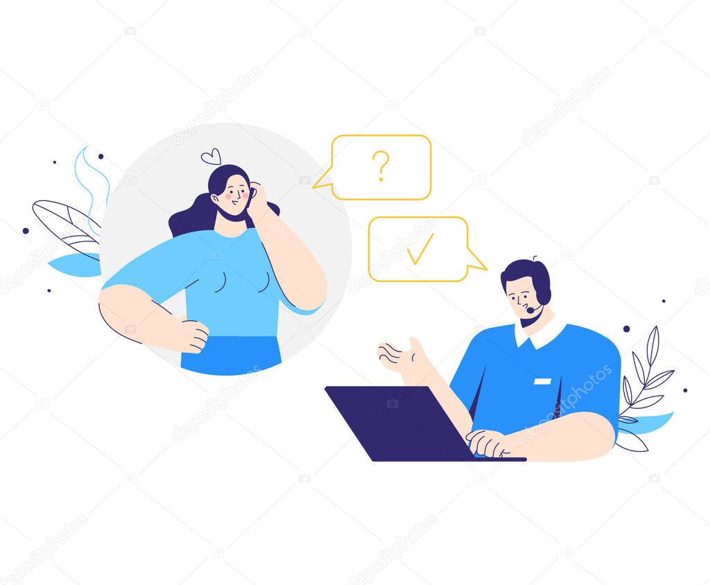 Client character call to customer service. Man operator with headphones and microphone with laptop. Woman asks a question. Technical support, assistance, call center concept.