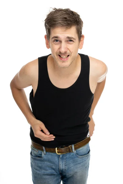 Jovem Bonito Alto Magro Homem Branco Com Cabelo Castanho Inclinando — Fotografia de Stock