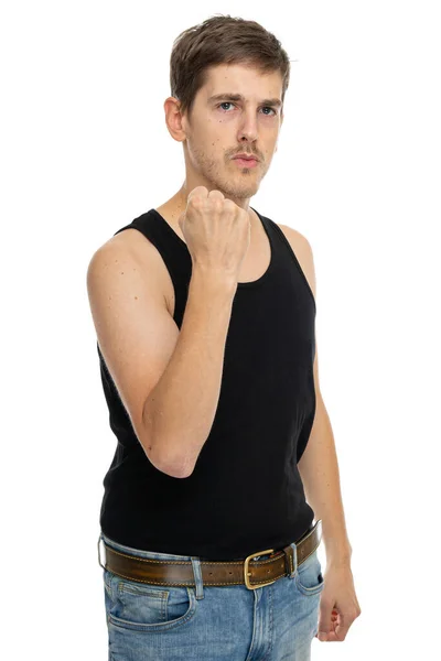 Young Handsome Tall Slim White Man Brown Hair Raised Fist — Stock Photo, Image