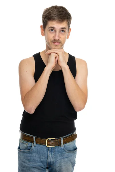 Young Handsome Tall Slim White Man Brown Hair Joined Hands — Stock Photo, Image