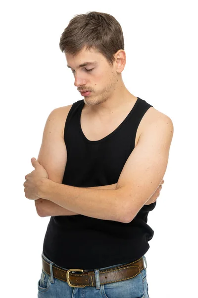 Jovem Bonito Alto Magro Homem Branco Com Cabelo Castanho Tristemente — Fotografia de Stock