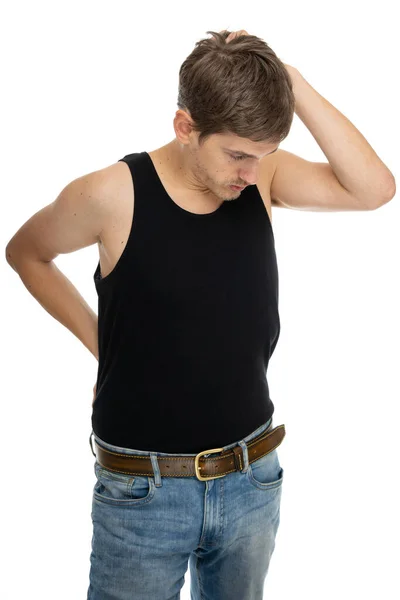 Young Handsome Tall Slim White Man Brown Hair Desperate Black — Stock Photo, Image